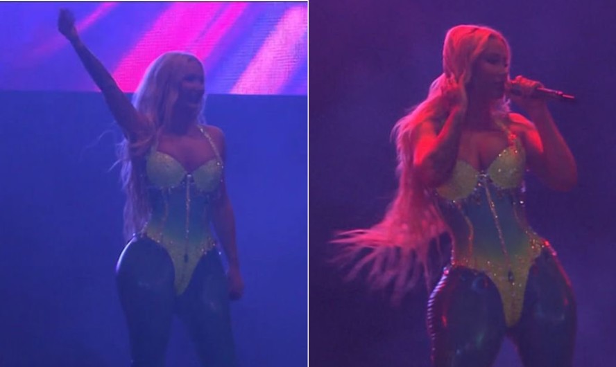 Cantora Iggy Azalea usa figurino com cores da bandeira brasileira em show no The Town