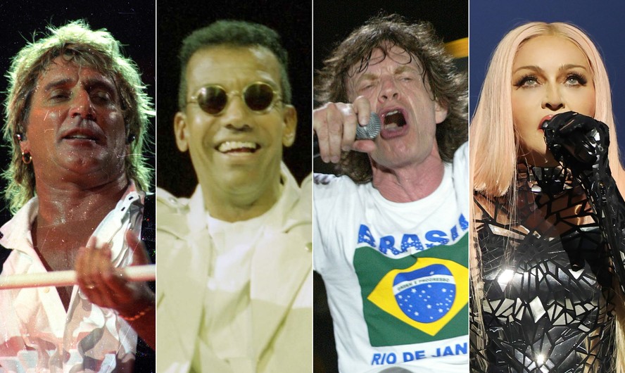 Da esquerda para a direita, Rod Stewart, Jorge Ben Jor, Mick Jagger e Madonna: apresentações recordes na Praia de Copacabana