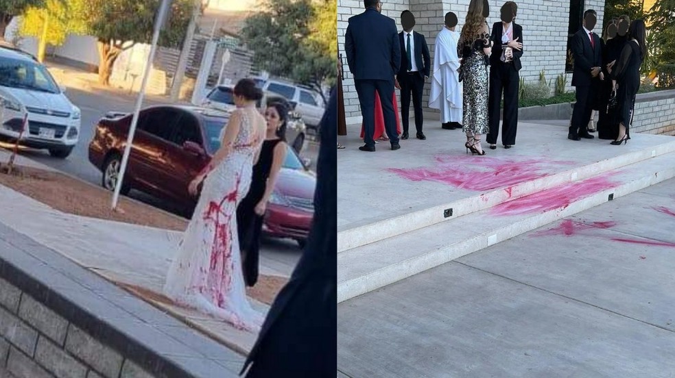 'Sogra em fúria': mulher contrata trio para jogar tinta vermelha em noiva no dia do casamento no México; entenda — Foto: Reprodução