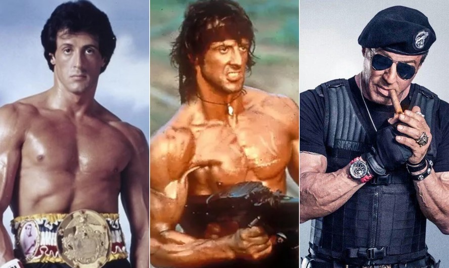 Stallone como Rocky, Rambo e o líder dos Mercenários, Barney Ross