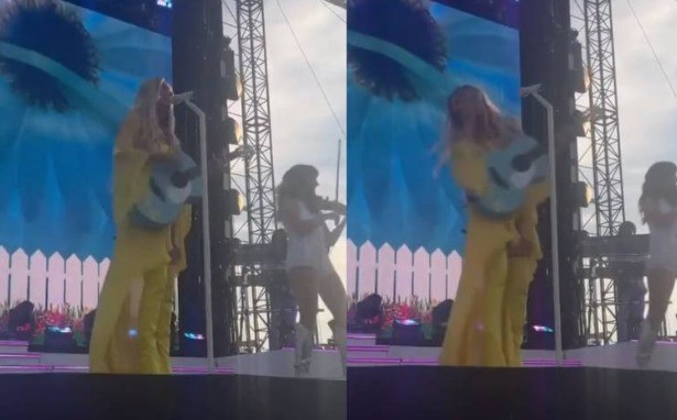 A cantora country americana Kelsea Ballerini tocava violão em um show nos Estados Unidos quando uma pulseira acertou o seu rosto; caso aconteceu em junho — Foto: Reprodução