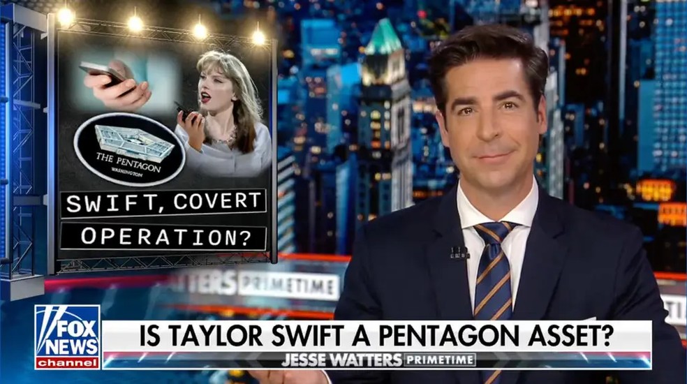 O apresentador da Fox News, Jesse Watters, fez alegações infundadas contra Swift durante uma transmissão em janeiro. — Foto: Fox News