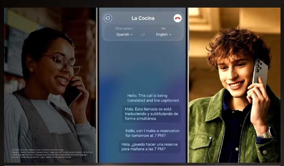 Samsung demonstra como vai ser o serviço de tradução simultânea em conversas com o S24 — Foto: Reprodução