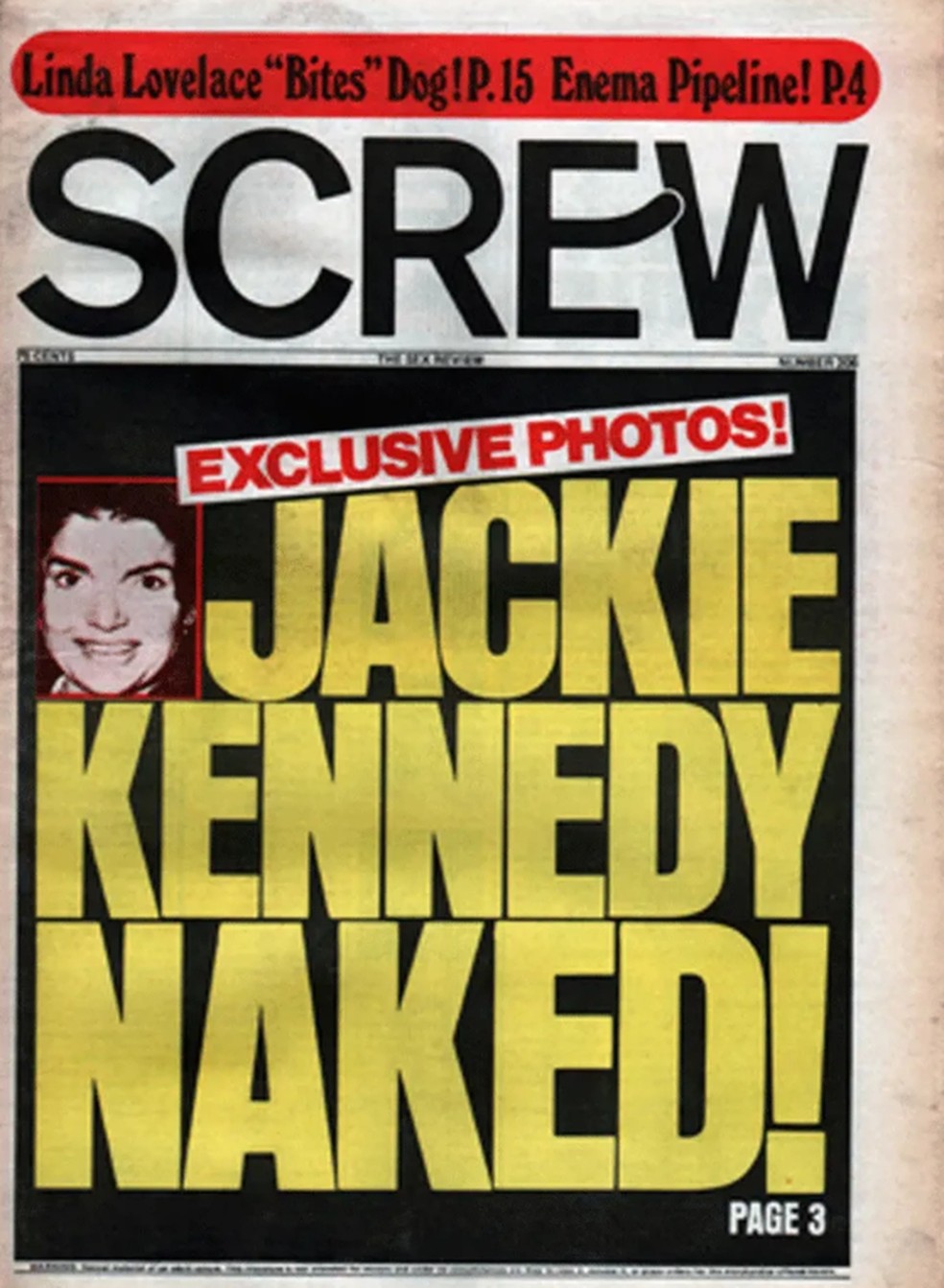'Jackie Kennedy nua' estampou capa da revista Screw, em 1973 — Foto: Reprodução