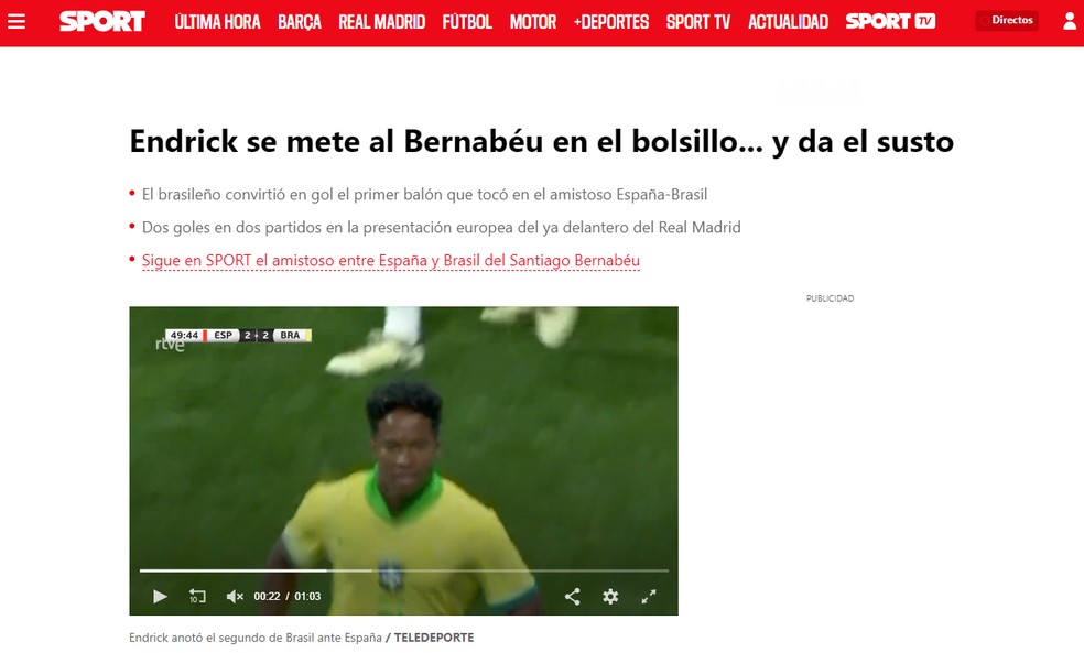 Sport elogia atuação de Endrick contra Espanha: "Colocou o Bernabéu no bolso" — Foto: Reprodução