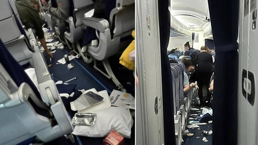 Interior de avião da Lufthansa após uma 'turbulência de céu claro', na quinta-feira