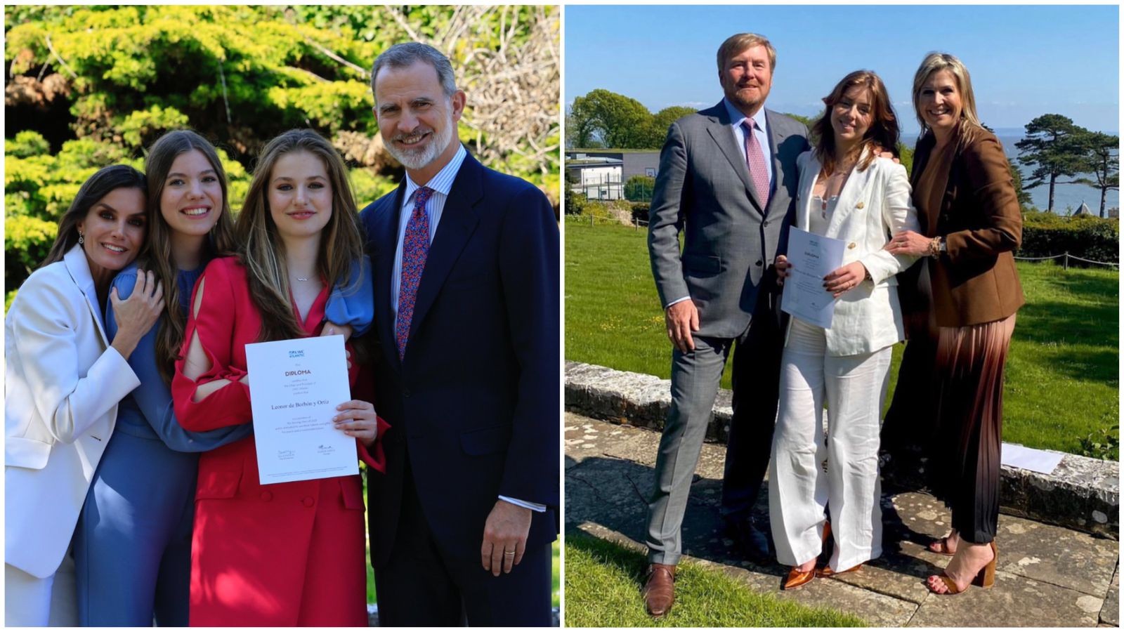 Da esquerda para a direita: princesa Leonor da Espanha com seus pais (os reis) e a irmã e a princesa Alexia da Holanda com seus pais (os reis)  — Foto: Reprodução/Redes sociais