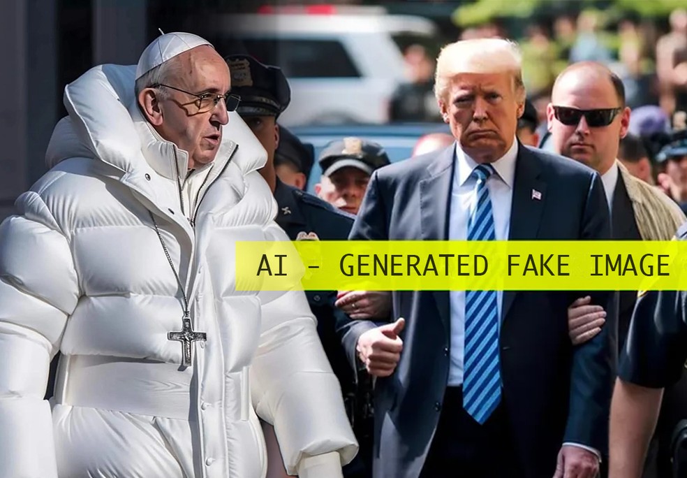 Imagens criadas pela ferramenta MidJourney do ex-presidente dos EUA Donald Trump sendo preso e do papa Francisco vestindo uma jaqueta estilosa se tornaram virais nas redes sociais — Foto: Montagem/Arte O GLOBO
