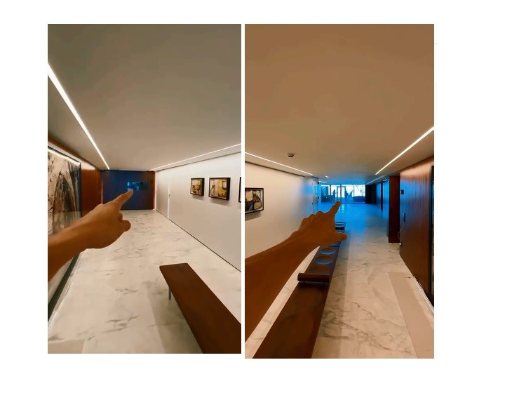 A portaria, que também é blidada, fica nos fundos do edifício, após o hall que receberá obras de arte — Foto: Reprodução/Instagram