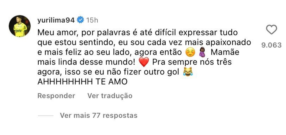 Comentário de Yuri Lima em post de Iza leva fãs a especularem que cantora pode estar grávida de gêmeos — Foto: Captura de tela