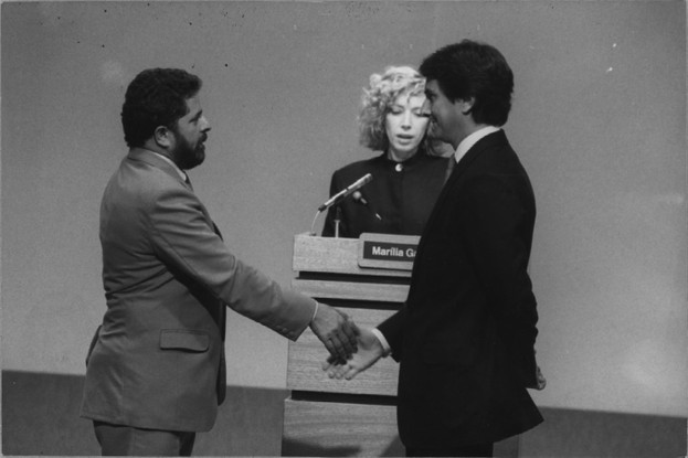 Debate em 1989: Lula e Fernando Collor diante de Marilia Gabriela, na TV Manchete
