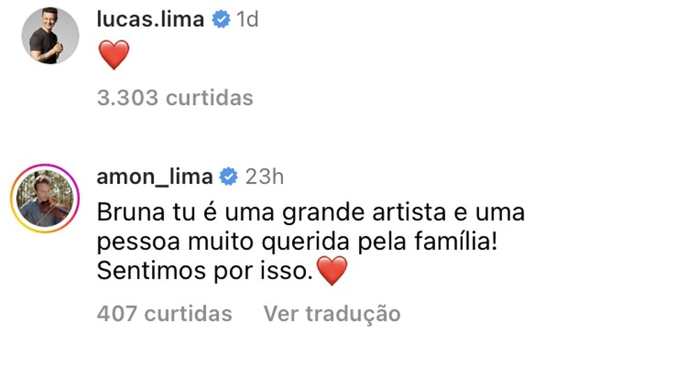 Post de Amon Lima no Instagram de Bruna Guerin — Foto: Reprodução/Instagram