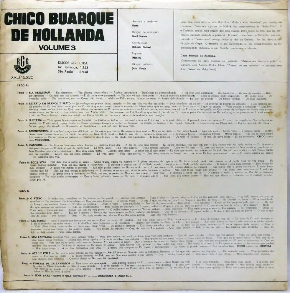 Verso do disco "Volume 3", de Chico Buarque de Hollanda — Foto: Reprodução
