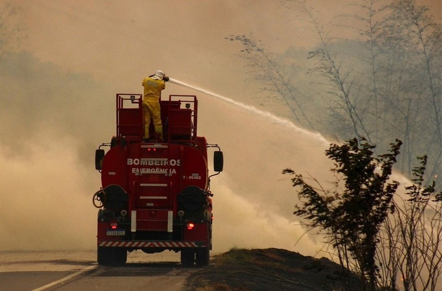 Bombeiros combatem incêndio na rodovia SP-215 em São Carlos (SP)