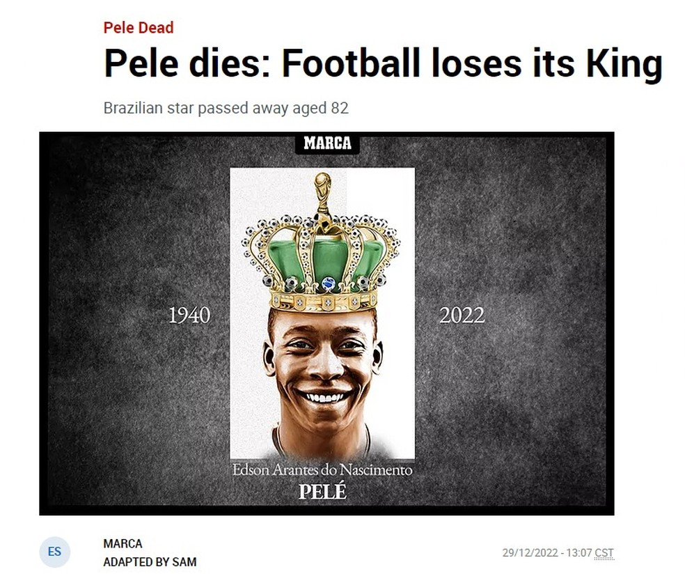 O diário espanhol Marca diz em sua manchete que o 'Futebol perdeu seu Rei' — Foto: Reprodução