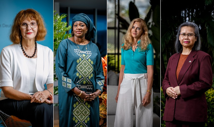 Bettina Cadenbach, embaixadora da Alemanha em Brasília; Aminata Fall Cisse, embaixadora do Senegal em Brasília; Marian Schuegraf, embaixadora da União Europeia no Brasil; Gloria Corina Anak Peter Tiwet, embaixadora da Malásia em Brasília