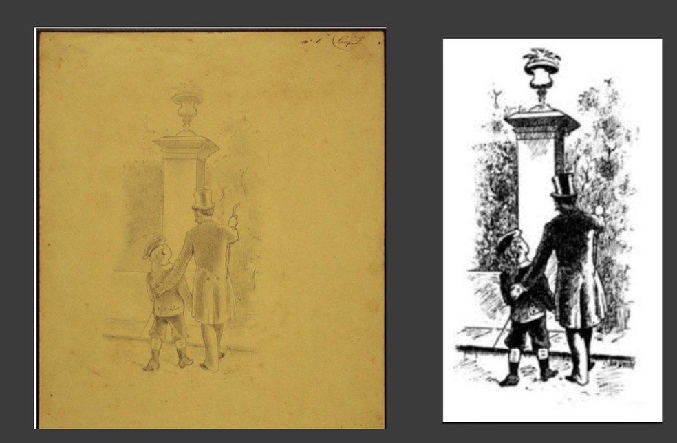 Desenho original de Raul Pompeia (à esq) e a versão modificada na edição de Francisco Alves publicada em 1895 — Foto: Reprodução