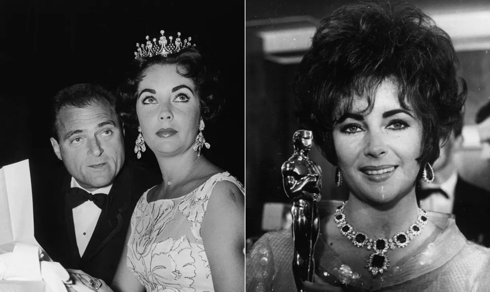 Elizabeth Taylor nas cerimônias do Oscar de 1957 e 1967 — Foto: Reprodução