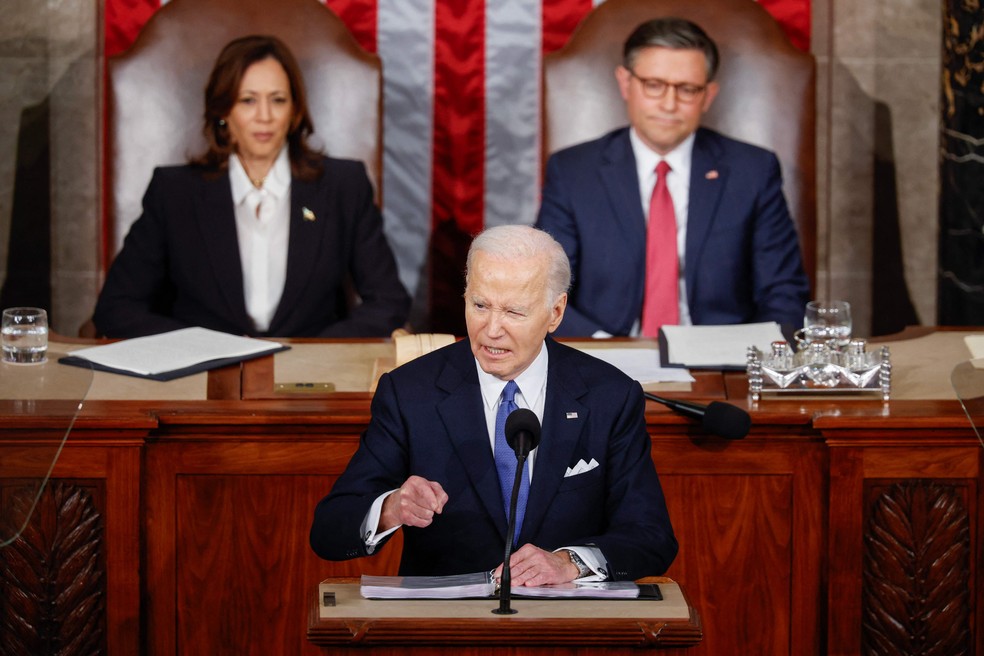 Presidente dos EUA, Joe Biden, faz o discurso sobre o Estado da União — Foto: Chip Somodevilla/Getty Images/AFP