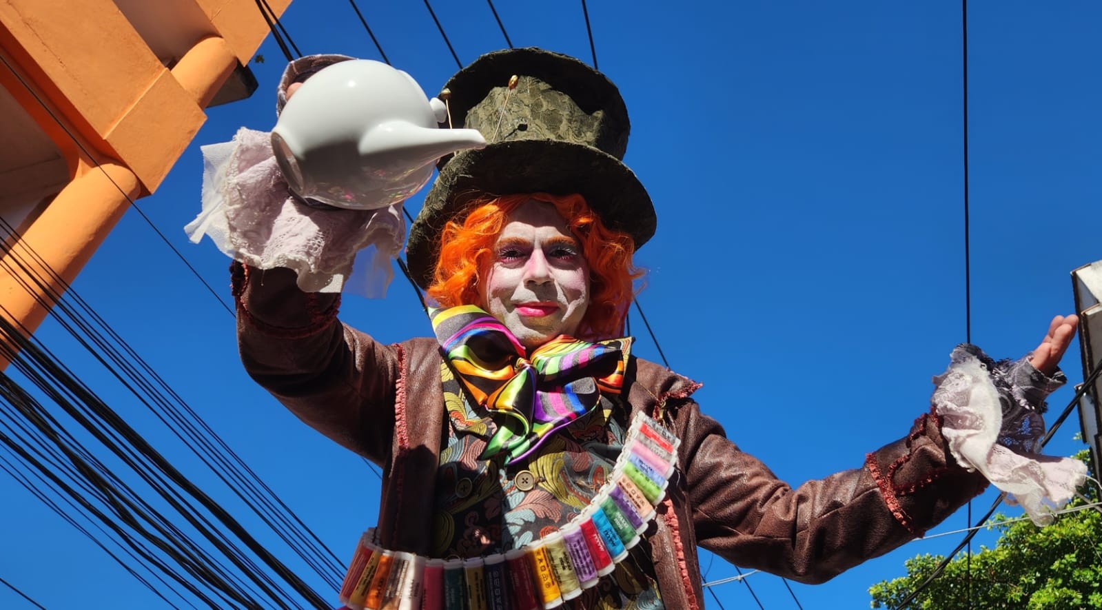 O Chapeleiro Maluco, de Alice no País das Maravilhas, aproveita a folia no Bloco Céu na Terra — Foto: Custódio Coimbra