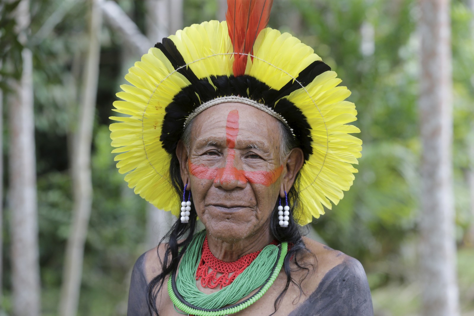 O cacique Takaknhoti Kayapó, exímio cantor do grupo e grande conhecedor das ervas medicinais da floresta — Foto: Domingos Peixoto / Agência O Globo