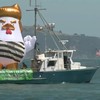 Galinha inflável de Trump na Baía de São Francisco, instalada para recebê-lo em evento de arrecadação no Vale do Silício - Reprodução/Redes Sociais