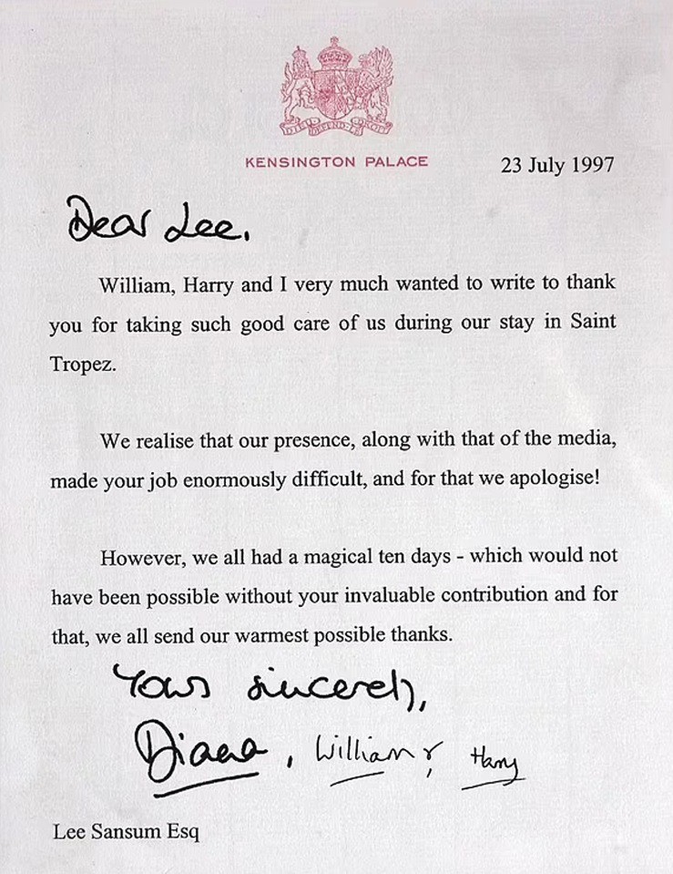 Como reconhecimento pelo trabalho, a princesa enviou a Lee uma carta de agradecimento — Foto: Divulgação