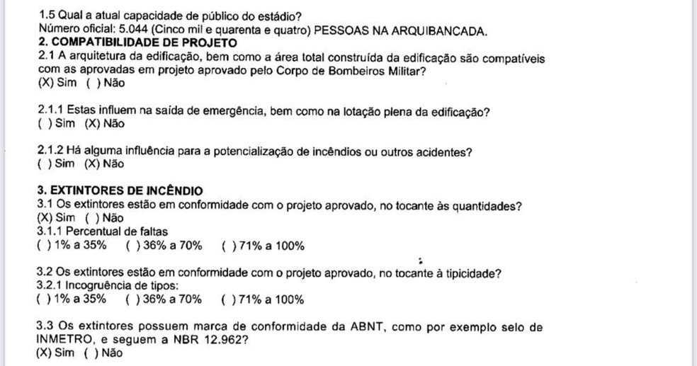 Laudo do Corpo de Bombeiros que permite 5.044 pessoas no Luso-Brasileiro — Foto: Jornal O GLOBO