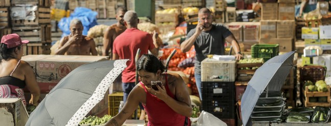 Vendedora usa sombrinha para proteger alimentos à venda no Ceasa do Rio. Calor extremo tem gerado maior perda de produtos, assim como aumento dos preços — Foto: Gabriel de Paiva / Agência O Globo
