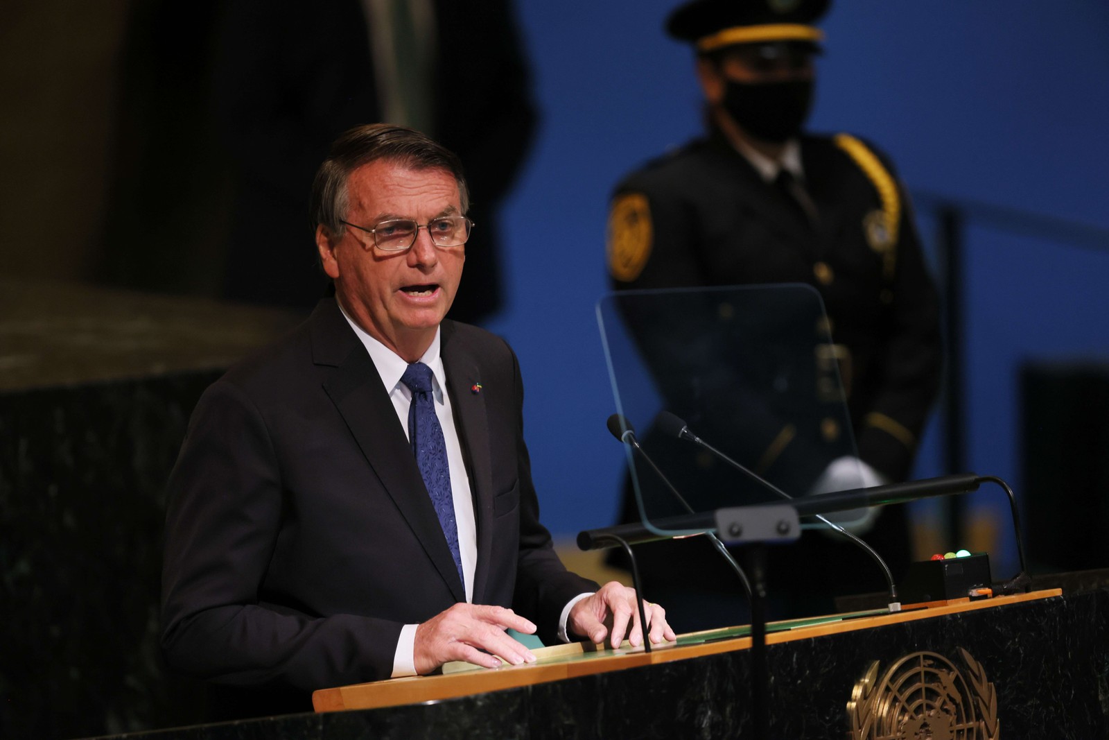 O presidente Jair Bolsonaro discursa na Assembleia-Geral da ONU — Foto: Michael M. Santiago/Getty Images/AFP