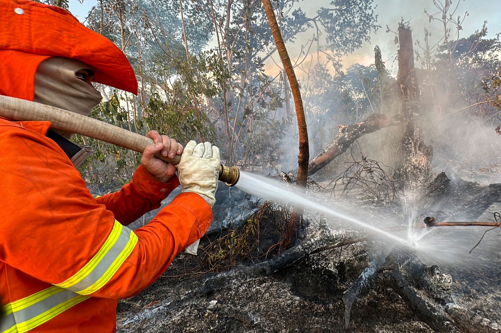 Bombeiros, brigadistas e voluntários precisam abrir estradas na mata para apagar fogo no Pantanal — Foto: Rogério Florentino/AFP