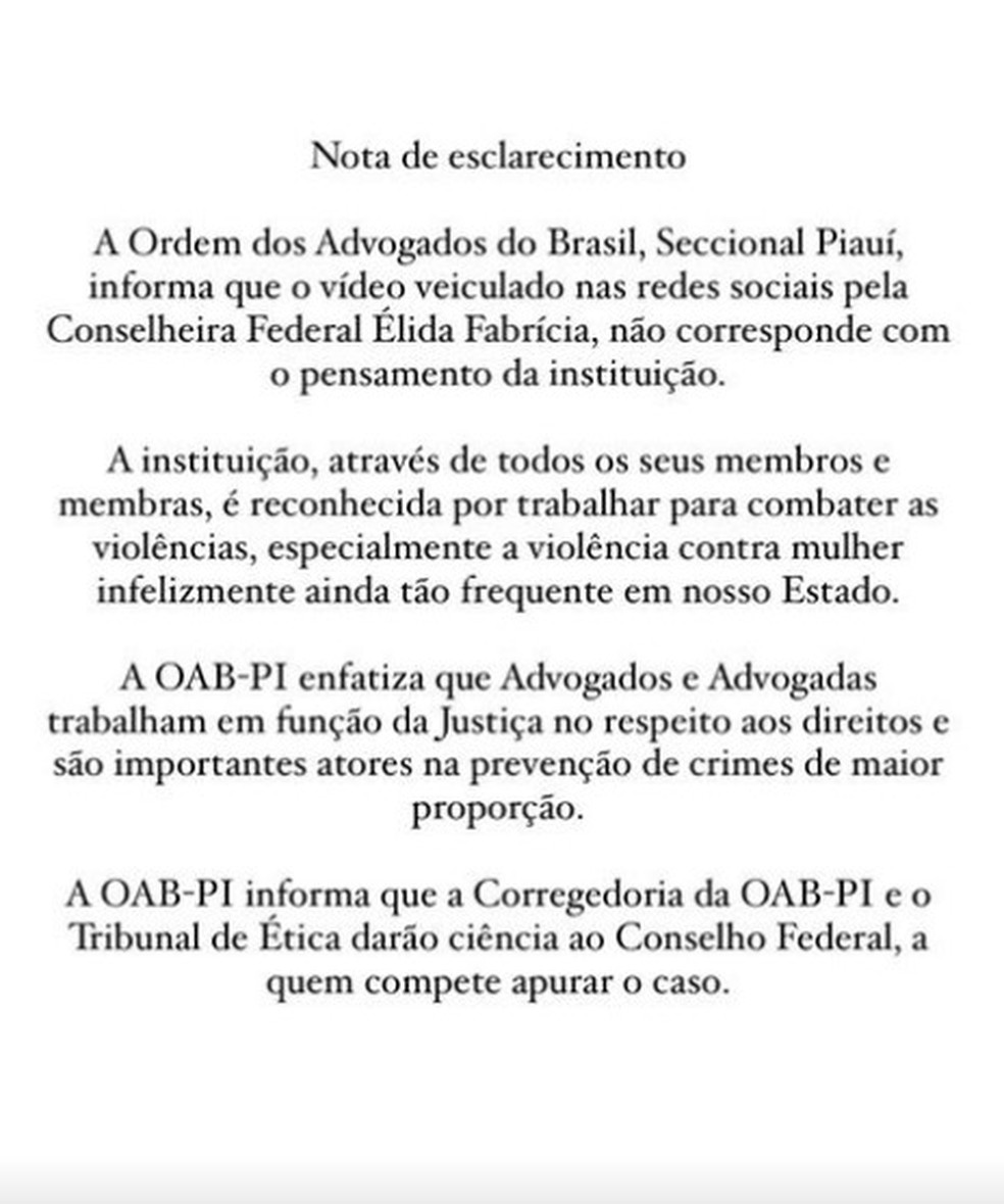 OAB do Piauí publicou uma nota de esclarecimento em suas redes sociais sobre o caso  — Foto: Reprodução 