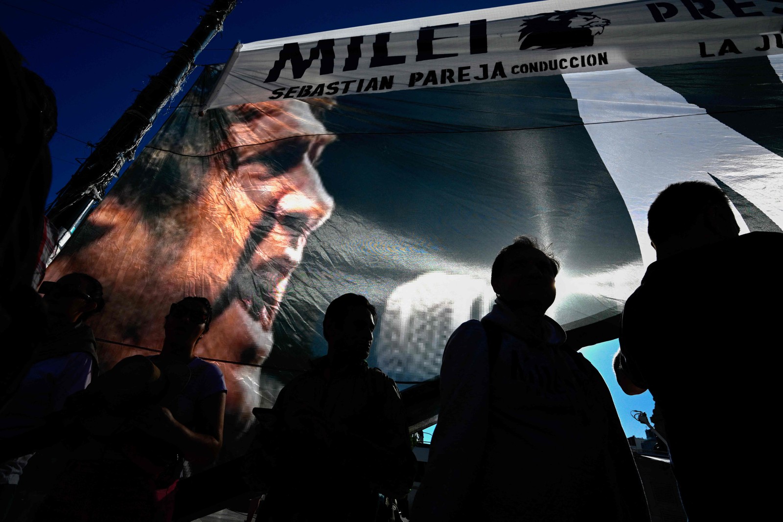 Apoiadores levaram cartazes com o rosto do presidente eleito Javier Milei para a cerimônia de posse — Foto: Luis ROBAYO / AFP