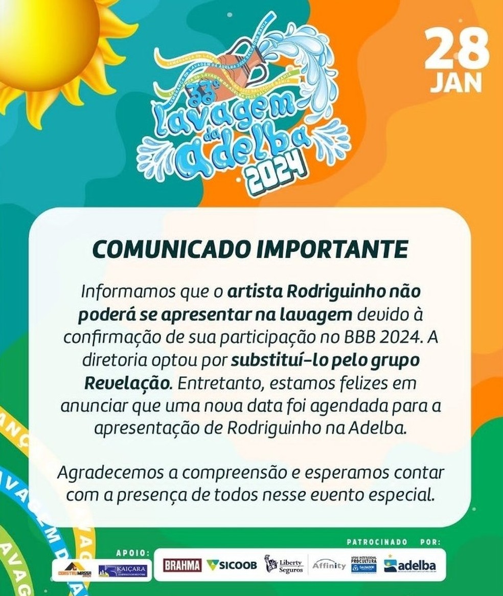 Clube de Salvador anuncia participação de Rodriguinho no "BBB 24" — Foto: Reprodução