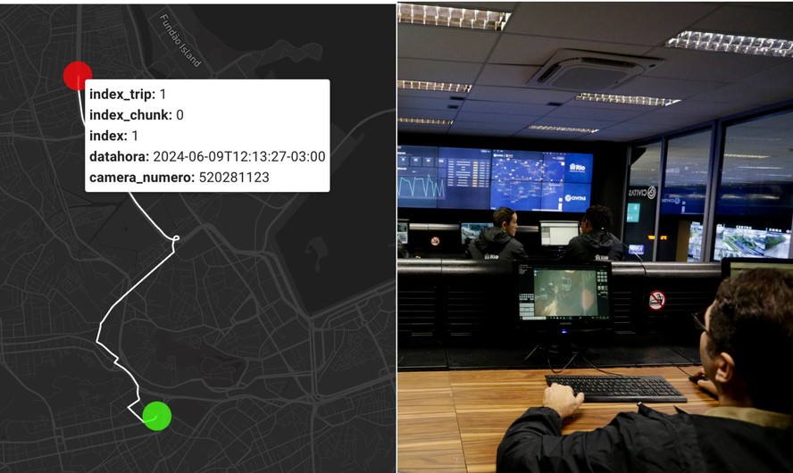 Na primeira imagem, rota que veículo suspeito de envolvimento em caso de homicídio fez. Ao lado, Central de Inteligência, Vigilância e Tecnologia de Apoio (CIVITAS), da Prefeitura do Rio de Janeiro