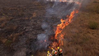 Bombeiros tentam conter as chamas em uma área rural de Corumbá, em Mato Grosso do Sul — Foto: Florian PLAUCHEUR / AFP
