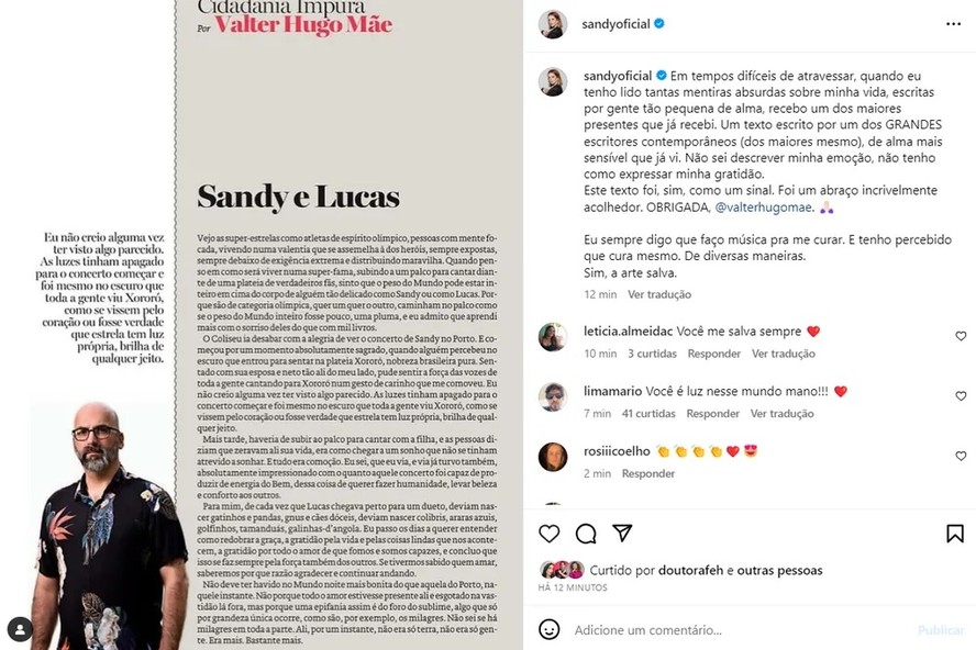 Post de Sandy sobre a crônica 'Sandy e Lucas', do escritor português Valter Hugo Mãe