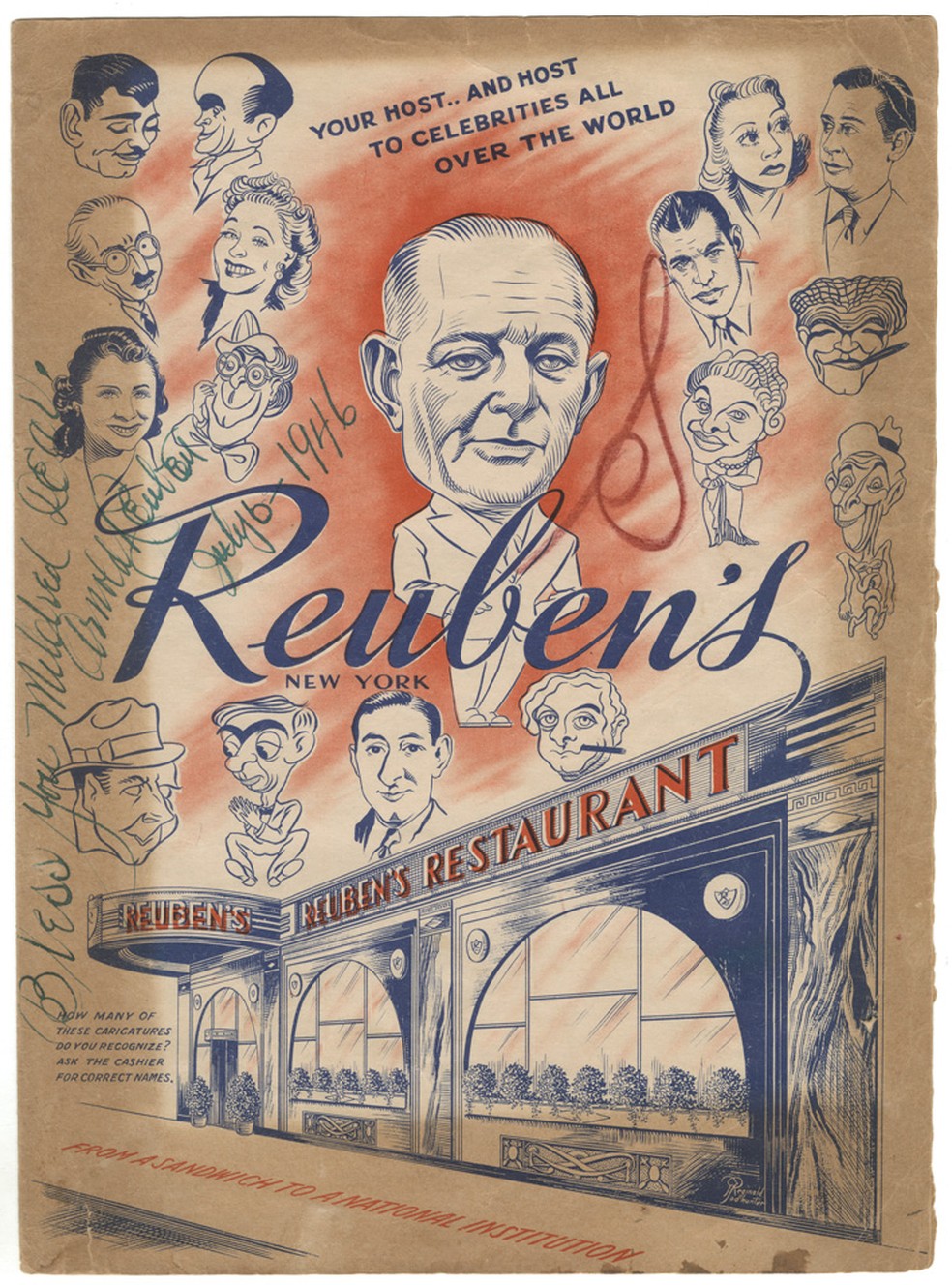 Um menu da Reuben’s Delicatessen de 1946, parte da exposição 'I’ll Have What She’s Eating’: The Jewish Deli', que viajará para a New York Historical Society em novembro — Foto: Biblioteca Patricia D. Klingenstein/Sociedade Histórica de Nova York via The New York Times