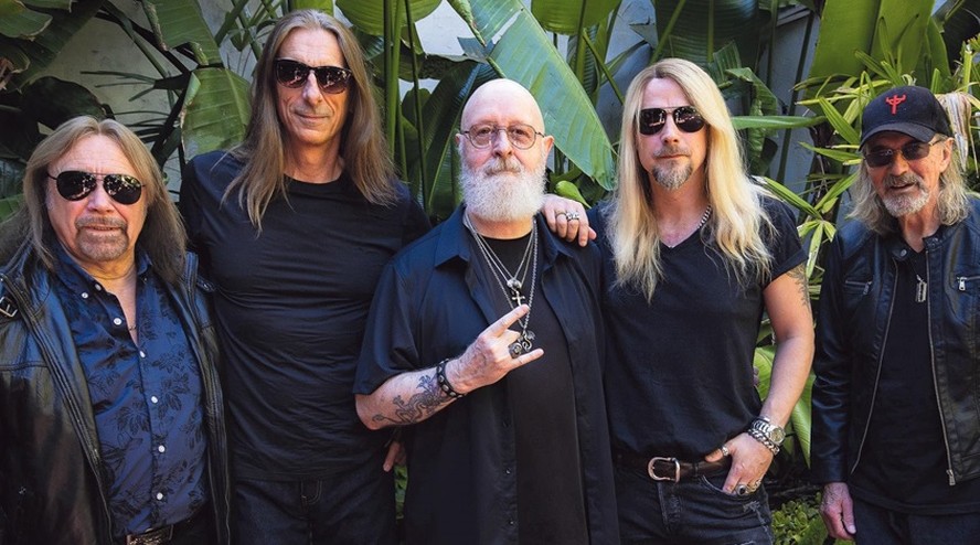 Judas Priest: dDa esquerda para a direita, Ian Hill, que está na estrada com o grupo há 55 anos, Scott Travis, Rob Halford, Richie Faulkner e Glenn Tipton