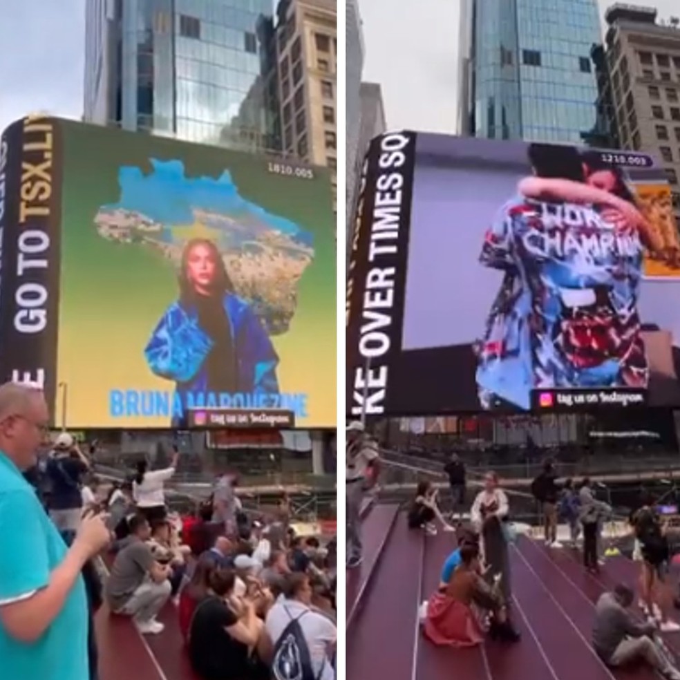 Atriz Bruna Marquezine e ex-BBBs Cara de Sapato e Amanda foram homenageados por fãs em telão da Times Square — Foto: Reprodução/Twitter