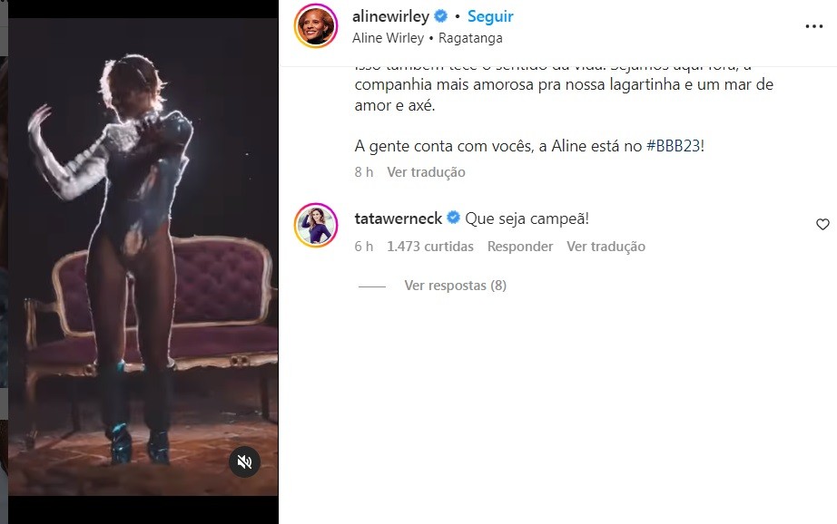 Tatá Werneck deixou sua mensagem de carinho para Aline Wirley: "Que seja campeã!"