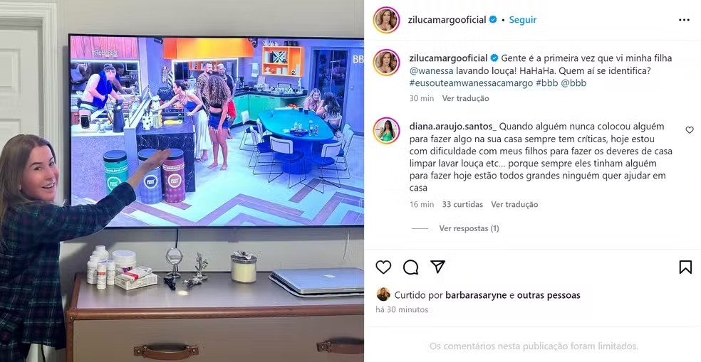 Aqui fora, Zilu Camargo, mãe de Wanessa, criou um grande meme ao dizer que viu a filha lavar louça pela primeira vez através da TV — Foto: Reprodução/Instagram
