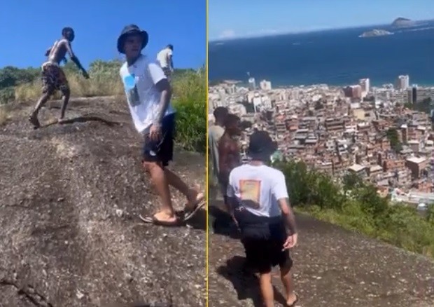 Mc Cabelinho e os amigos fazem trilha de subida do PPG, na Zona Sul do Rio — Foto: Reprodução/YouTube