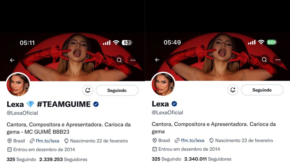 Lexa retira apoio a Guimê no "BBB" 23 de seus perfil  — Foto: Reprodução/Twitter