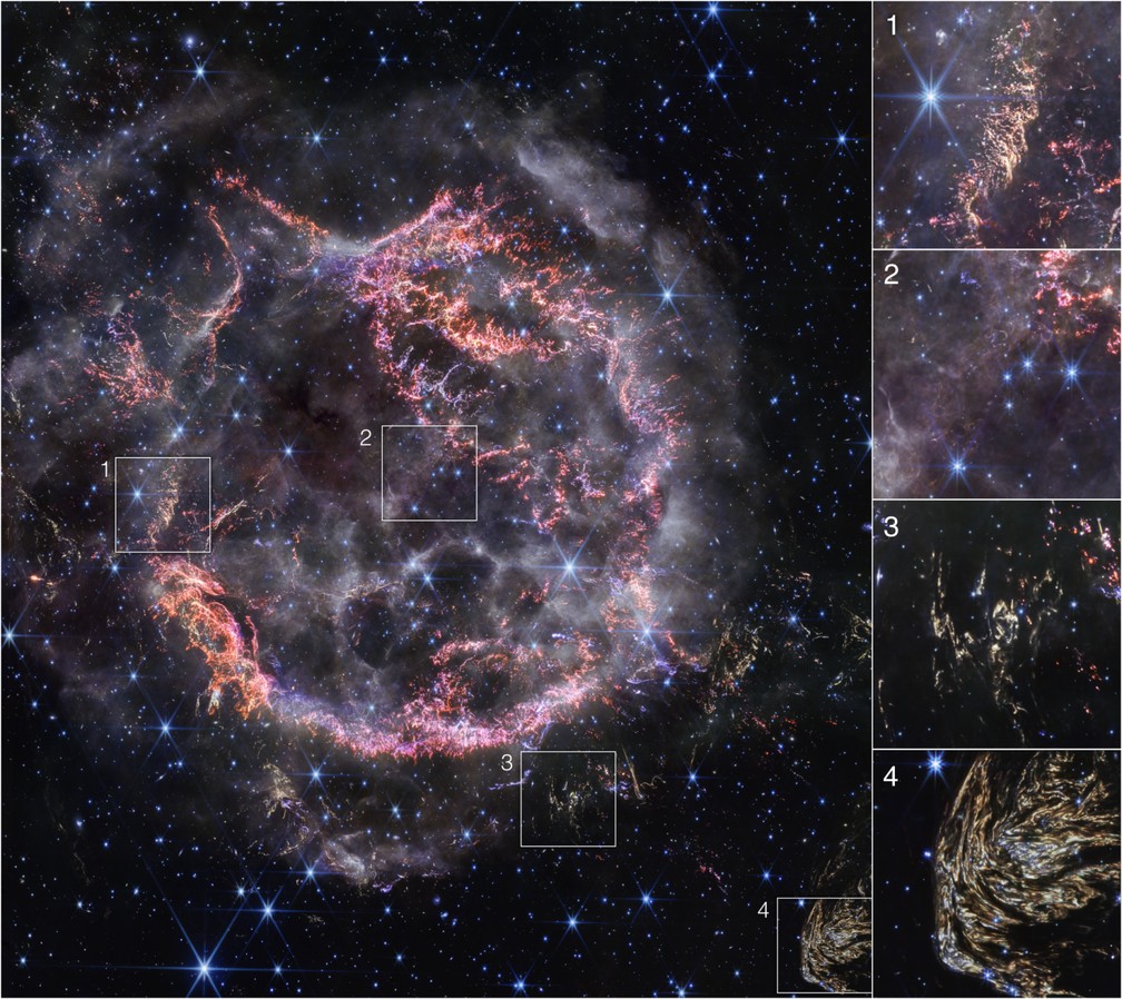 Imagem mostra os detalhes que nova foto do James Webb mostrou com câmera infravermelha — Foto: Divulgação/NASA, ESA, CSA, STScI, D. Milisavljevic (Purdue University), T. Temim (Princeton University), I. De Looze (University of Gent)