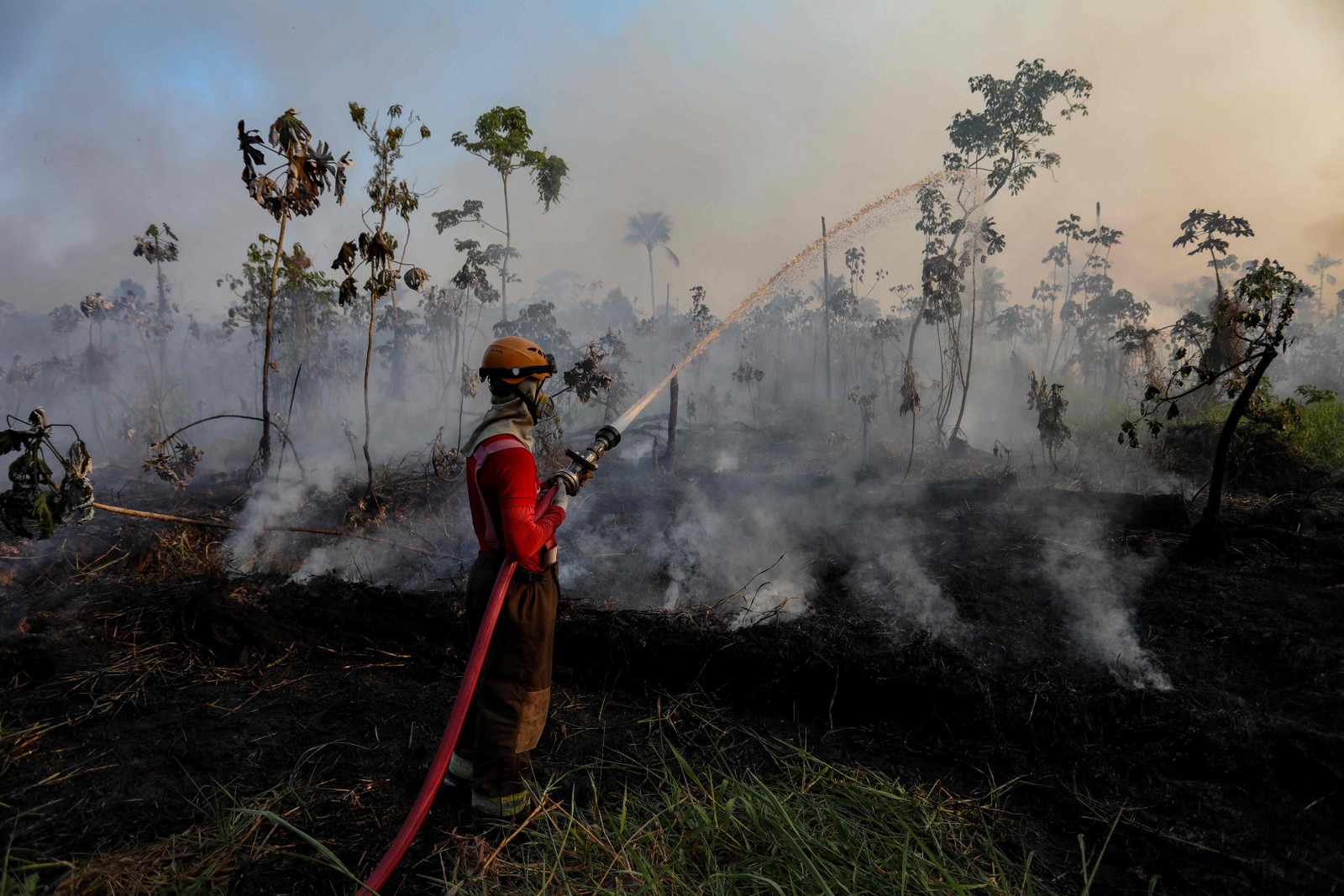 Bombeiros tentam apagar incêndio ilegal em área de mata no distrito de Cacau Pirera, em Iranduba — Foto: Michael Dantas / AFP