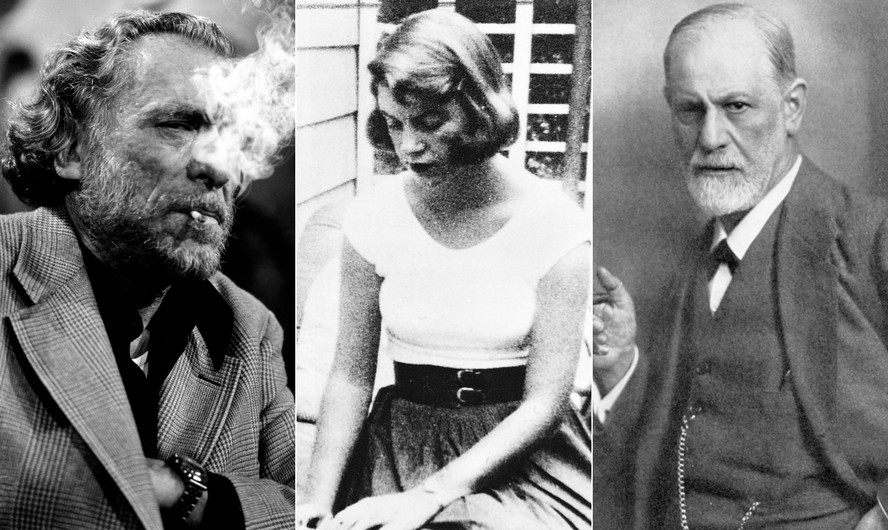 A partir da esquerda, os escritores Charles Bukowski e Sylvia Plath e o fundador da Psicanálise Sigmund Freud
