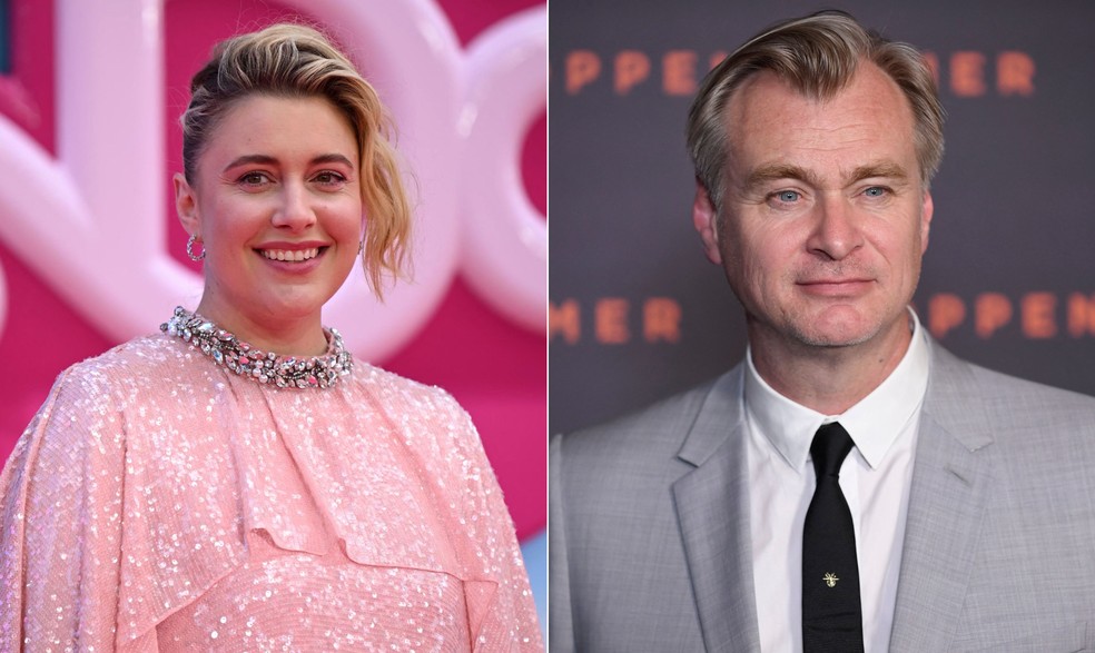 Greta Gerwig e Christopher Nolan — Foto: JUSTIN TALLIS /AFP - JULIEN DE ROSA/AFP