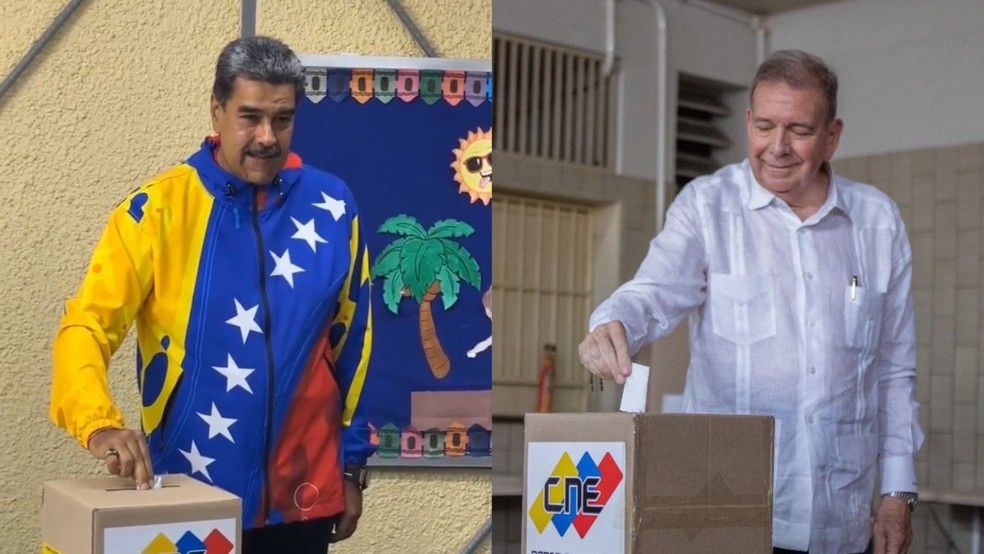 Nicolás Maduro e o candidato de oposição à presidência da Venezuela, Edmundo González, durante votação nas eleições venezuelanas — Foto: Reprodução/redes sociais