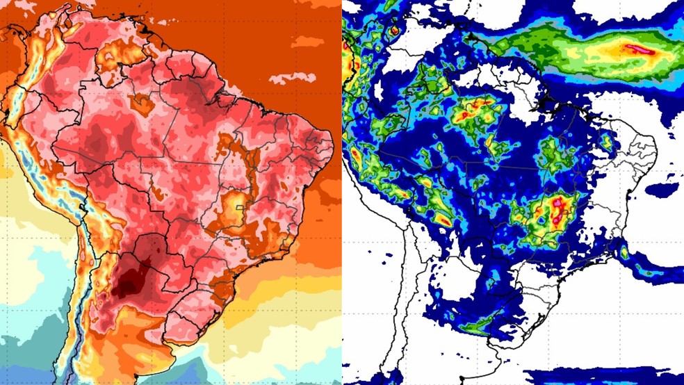 Mapas mostram, respectivamente, incidências de temperaturas e de chuvas pelo território brasileiro — Foto: Reprodução / Inmet